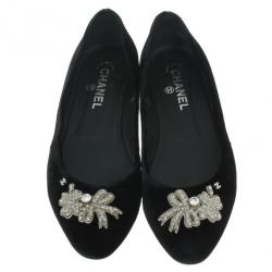 Pre Owned Chanel Black Velvet Crystal Bow Ballet Flats Size 40.5