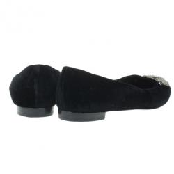 Pre Owned Chanel Black Velvet Crystal Bow Ballet Flats Size 40.5