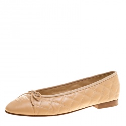 Pre Owned Chanel Beige Quilted Leather CC Bow Ballet Flats Size 40.5