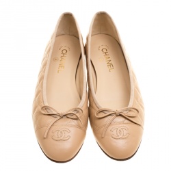 Pre Owned Chanel Beige Quilted Leather CC Bow Ballet Flats Size 40.5