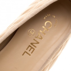 Pre Owned Chanel Beige Quilted Leather CC Bow Ballet Flats Size 40.5