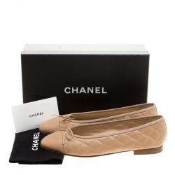 Pre Owned Chanel Beige Quilted Leather CC Bow Ballet Flats Size 40.5