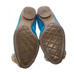 Pre Owned حذاء باليرينا فلات شانيل جلد تروكواز مقدمة فينيل وكاميليا رافية مقاس 42