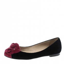 Pre Owned Chanel Black/Pink Velvet Camelia Flower Ballet Flats Size 37.5