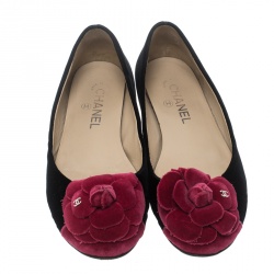Pre Owned Chanel Black/Pink Velvet Camelia Flower Ballet Flats Size 37.5