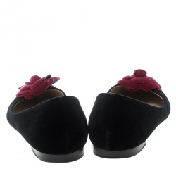 Pre Owned Chanel Black/Pink Velvet Camelia Flower Ballet Flats Size 37.5