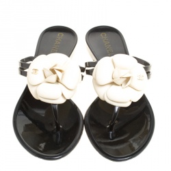 Chanel Black and White Jelly Camellia Thong Sandals Size 36
