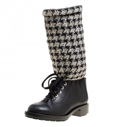 Chanel Black/Off White Leather and Tweed Lace Up Chain Detail Boots Size 36.5
