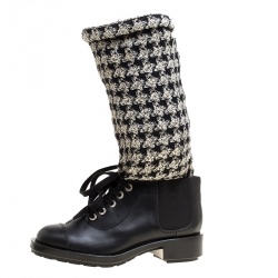 Chanel Black/Off White Leather and Tweed Lace Up Chain Detail Boots Size 36.5