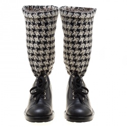 Chanel Black/Off White Leather and Tweed Lace Up Chain Detail Boots Size 36.5