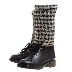Chanel Black/Off White Leather and Tweed Lace Up Chain Detail Boots Size 36.5