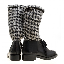 Chanel Black/Off White Leather and Tweed Lace Up Chain Detail Boots Size 36.5