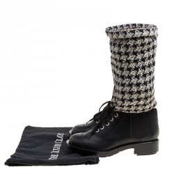 Chanel Black/Off White Leather and Tweed Lace Up Chain Detail Boots Size 36.5