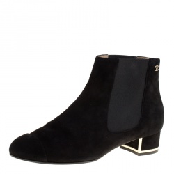 Chanel Black Suede and Elastic Fabric Ankle Boots Size 37