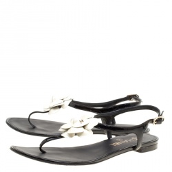 Chanel Black/White Leather Camellia Thong Sandals Size 38