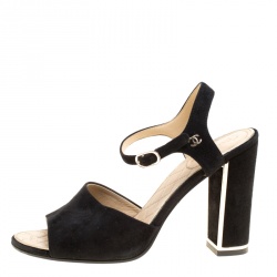 Chanel Black Suede Ankle Strap Block Heel Sandals Size 37.5