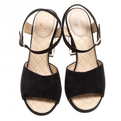 Chanel Black Suede Ankle Strap Block Heel Sandals Size 37.5