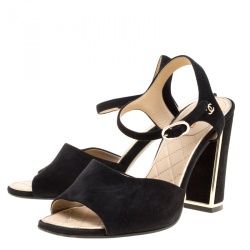Chanel Black Suede Ankle Strap Block Heel Sandals Size 37.5