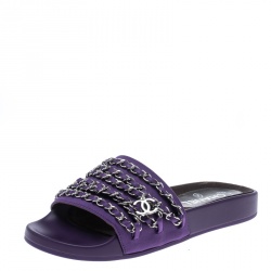 Chanel Purple Fabric Tropiconic Chain Detail Slides Size 37