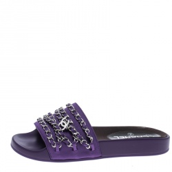 Chanel Purple Fabric Tropiconic Chain Detail Slides Size 37