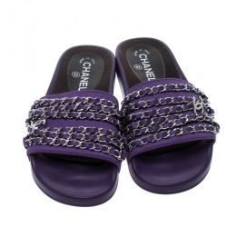 Chanel Purple Fabric Tropiconic Chain Detail Slides Size 37