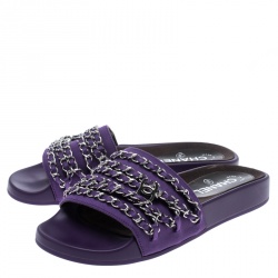 Chanel Purple Fabric Tropiconic Chain Detail Slides Size 37
