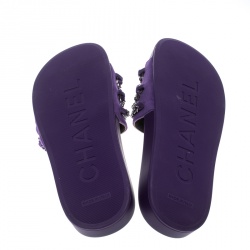 Chanel Purple Fabric Tropiconic Chain Detail Slides Size 37
