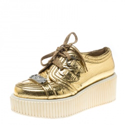 Pre Owned Chanel Metallic Gold Distressed Foil Leather Creepers Platform Sneakers Size 39.5
