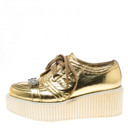 Pre Owned Chanel Metallic Gold Distressed Foil Leather Creepers Platform Sneakers Size 39.5