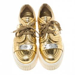 Pre Owned Chanel Metallic Gold Distressed Foil Leather Creepers Platform Sneakers Size 39.5