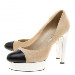 مملوكة مسبقًا Chanel Beige Suede and Black Leather Cap Toe Platform Pumps Size 38