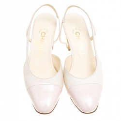 مملوكة مسبقًا Chanel Blush Pink/Off White Leather Block Heel Slingback Sandals Size 36.5