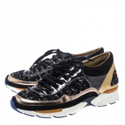 مملوكة مسبقًا Chanel Multicolor Tweed and Metallic Leather Sneakers Size 38