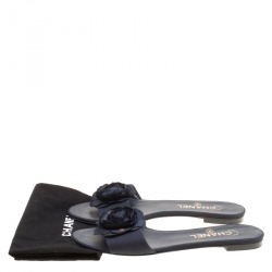 Pre Owned Chanel Oxford Blue Canvas CC Camellia Flat Slides Size 39