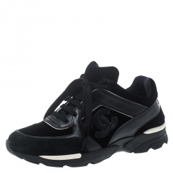 Pre Owned Chanel Black Velvet/Leather and Suede CC Logo Lace Up Sneakers Size 36.5