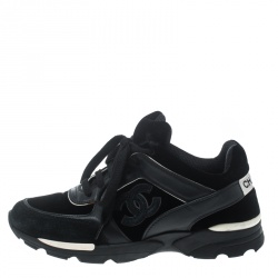 Pre Owned Chanel Black Velvet/Leather and Suede CC Logo Lace Up Sneakers Size 36.5