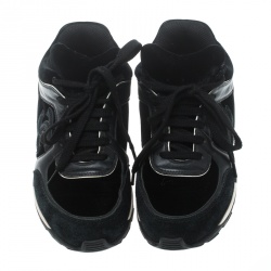 Pre Owned Chanel Black Velvet/Leather and Suede CC Logo Lace Up Sneakers Size 36.5