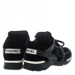 Pre Owned Chanel Black Velvet/Leather and Suede CC Logo Lace Up Sneakers Size 36.5