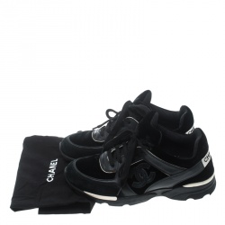 Pre Owned Chanel Black Velvet/Leather and Suede CC Logo Lace Up Sneakers Size 36.5