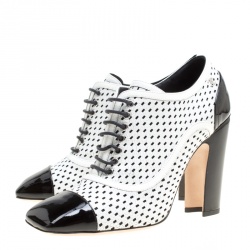 Chanel Monochrome Perforated Leather Lace Up Ankle Booties Size 39.5