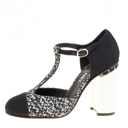 Pre Owned Chanel Black/Monochrome Tweed Fabric Chain T Strap Pumps Size 40