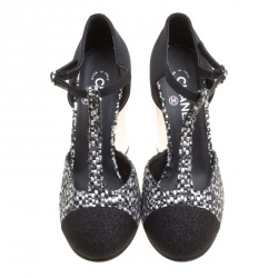 Pre Owned Chanel Black/Monochrome Tweed Fabric Chain T Strap Pumps Size 40