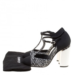 Pre Owned Chanel Black/Monochrome Tweed Fabric Chain T Strap Pumps Size 40