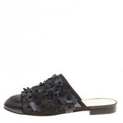 Chanel Black Leather CC Camellia Mules Size 39