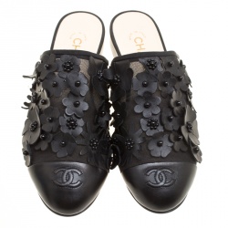 Chanel Black Leather CC Camellia Mules Size 39