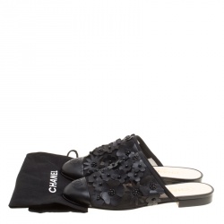 Chanel Black Leather CC Camellia Mules Size 39