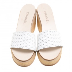 Chanel White Weave Effect Leather Platform Slides Size 39.5