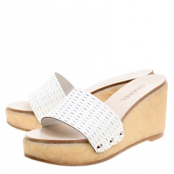 Chanel White Weave Effect Leather Platform Slides Size 39.5