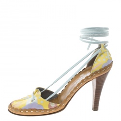 Chanel Multicolor Printed Fabric Ankle Wrap Sandals Size 39.5