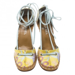 Chanel Multicolor Printed Fabric Ankle Wrap Sandals Size 39.5